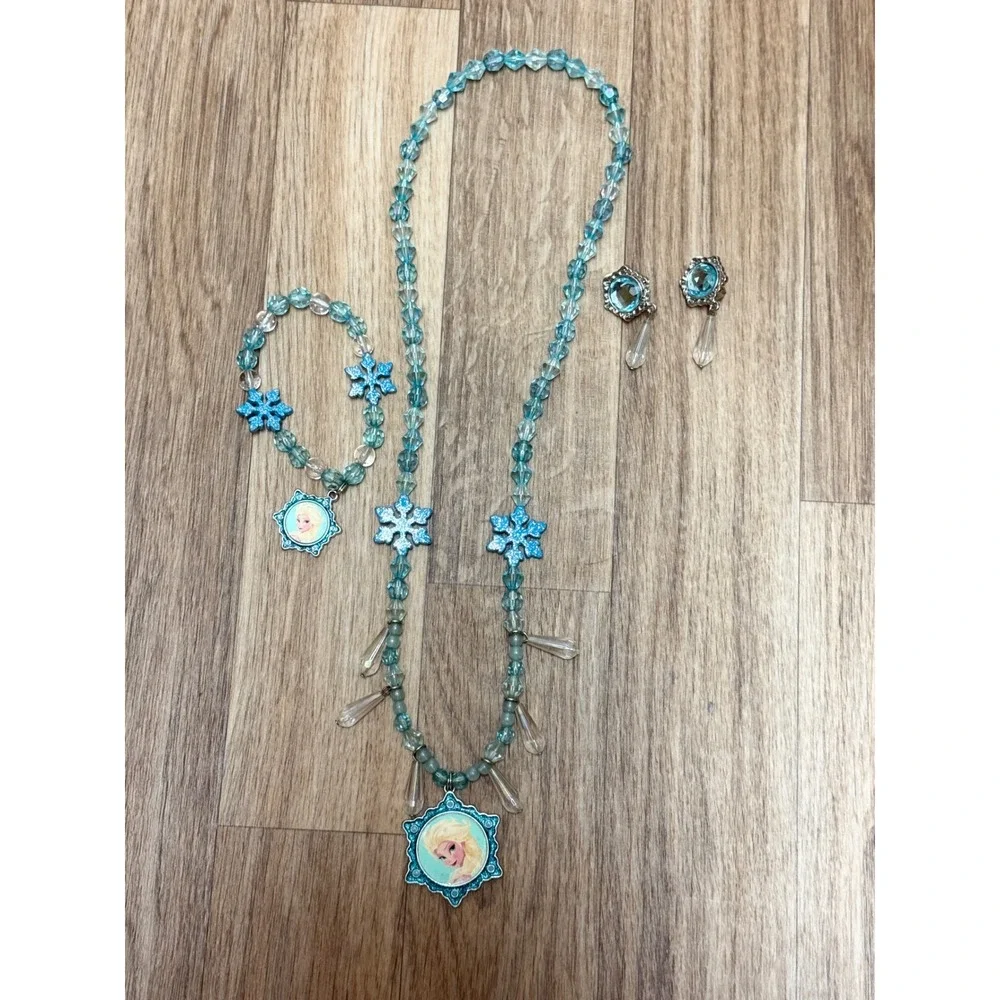 Disney Frozen Elsa Jewelry Set Necklace Bracelet Clip On Earrings Blue Snowflake